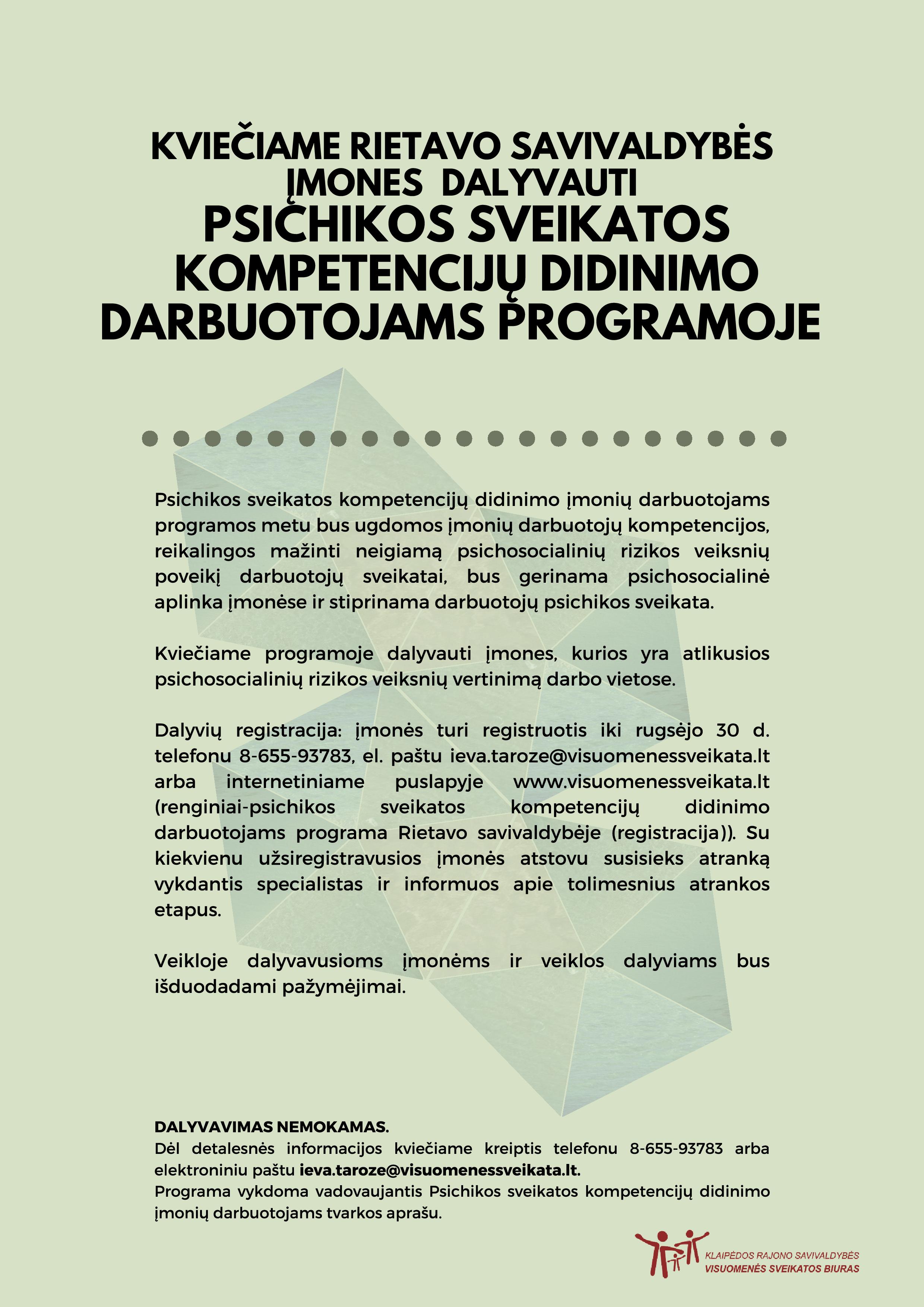 Kvietimas dalyvauti psichikos sveikatos kompetencijų didinimo darbuotojams programoje